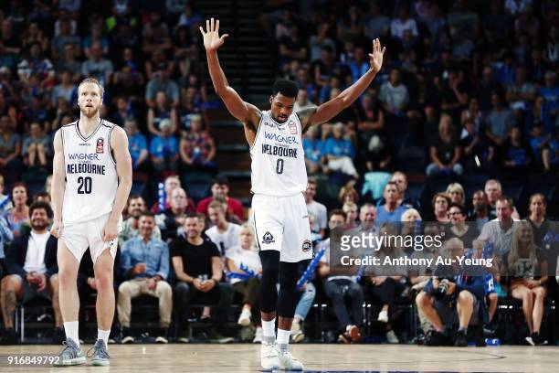 Carrick Felix of United reacts after being called with a foul during the round 18 NBL match between the New Zealand Breakers and Melbourne United at...