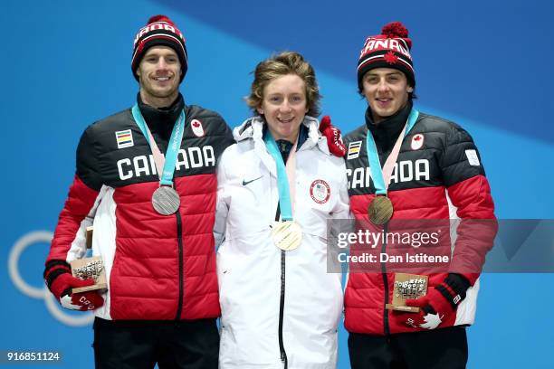 Silver medalist Max Parrot of Canada, gold medalist Redmond Gerard of the United States and bronze medalist Mark McMorris of Canada stand on the...