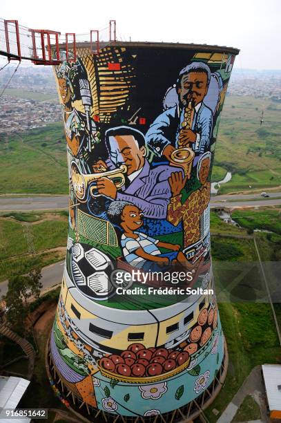 Mural painting and graffitis on the Orlando Towers, built for the Orlando decommissioned coal fired Power Station. Orlando is a township in the urban...