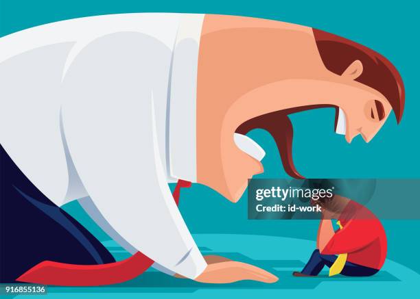 businessman roaring to small man - anti bullying stock illustrations