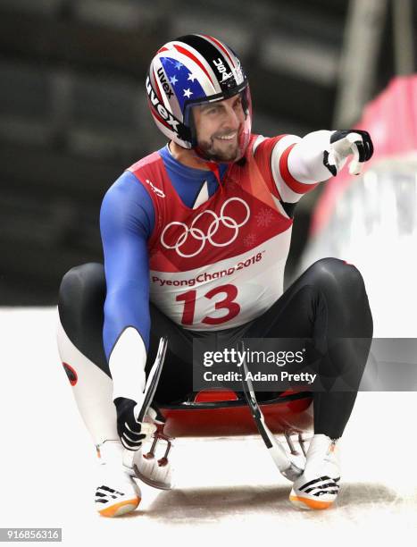 Chris Mazdzer of the United States reacts following run 3 during the Luge Men's Singles on day two of the PyeongChang 2018 Winter Olympic Games at...