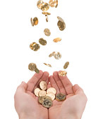 Pair of Cupped Hands Catching Falling Money Gold Coins Isolated