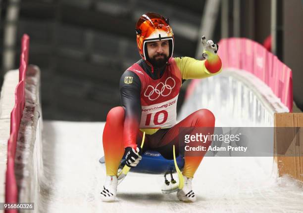 Andi Langenhan of Germany reacts following run 3 during the Luge Men's Singles on day two of the PyeongChang 2018 Winter Olympic Games at Olympic...