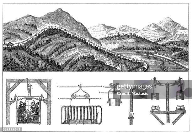 cableways. applied system in hunedoara - alps romania stock illustrations