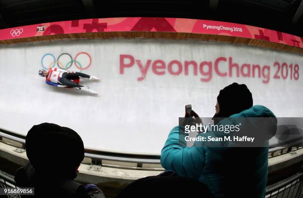 Tucker West of the United States slides in run 3 during the Luge Men's Singles on day two of the PyeongChang 2018 Winter Olympic Games at Olympic...