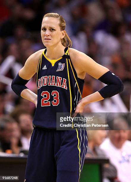 Katie Douglas of the Indiana Fever reacts to a call in Game Five of the 2009 WNBA Finals against the Phoenix Mercury at US Airways Center on October...