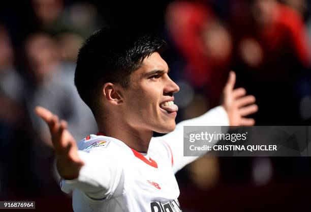 Sevilla's Argentinian midfielder Joaquin Correa celebrates a goal during the Spanish league football match between Sevilla FC and Girona FC at the...