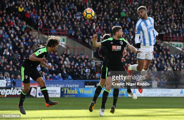 Steve Mounie of Huddersfield Town scores his sides second goal during the Premier League match between Huddersfield Town and AFC Bournemouth at John...
