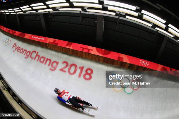 Tucker West of the United States slides in run 3 during the Luge Men's Singles on day two of the PyeongChang 2018 Winter Olympic Games at Olympic...