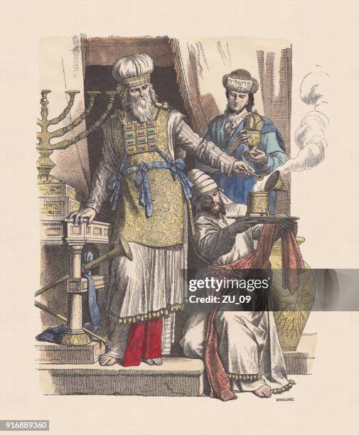 jewish high priest and levites, hand-colored wood engraving, published c.1880 - judaism stock illustrations