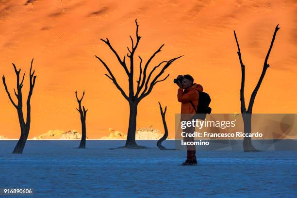 photographer at dead vlei, namib desert - iacomino namibia stock-fotos und bilder