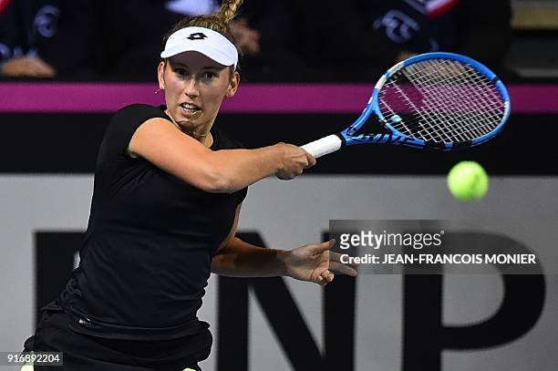 Belgium's Elise Mertens returns to France's Kristina Mladenovic during the Tennis Fed Cup world group first round match between France and Belgium in...