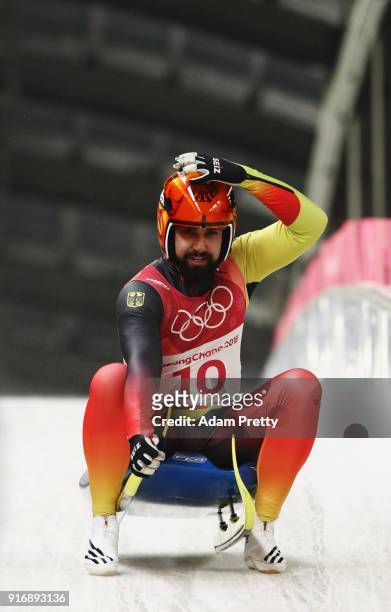 Andi Langenhan of Germany reacts following run 4 during the Luge Men's Singles on day two of the PyeongChang 2018 Winter Olympic Games at Olympic...