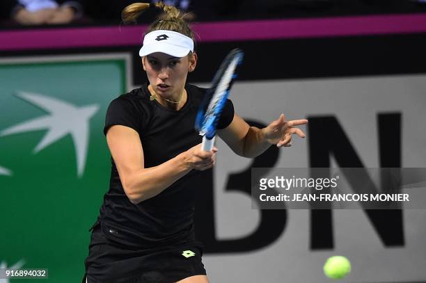 Belgium's Elise Mertens returns to France's Kristina Mladenovic during the Tennis Fed Cup world group first round match between France and Belgium in...