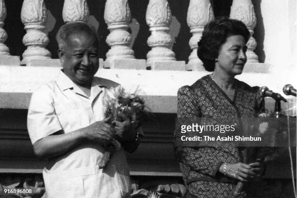 Prince Norodom Sihanouk of Cambodia and his wife Norodom Monineath attend the welcome ceremony on November 16, 1991 in Phnom Penh, Cambodia.