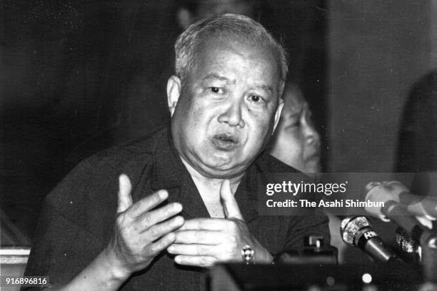 Prince Norodom Sihanouk of Cambodia speaks during a press conference on November 15, 1991 in Phnom Penh, Cambodia.