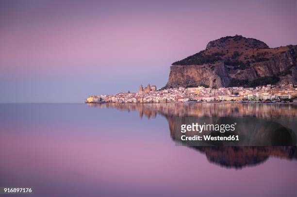 italy, sicily, cefalu with reflections in the evening, afterglow - sicily italy stock pictures, royalty-free photos & images