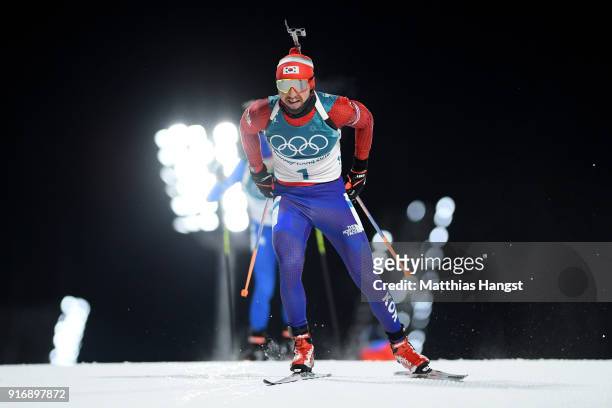 Timofei Lapshin of Korea competes during the Men's 10km Sprint Biathlon on day two of the PyeongChang 2018 Winter Olympic Games at Alpensia Biathlon...