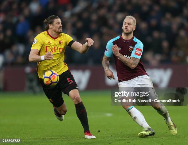 West Ham United's Marko Arnautovic and Watford's Sebastian Prodl during the Premier League match between West Ham United and Watford at London...