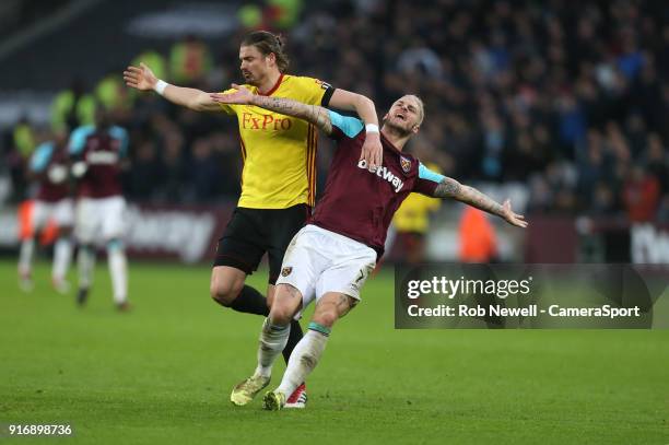 West Ham United's Marko Arnautovic and Watford's Sebastian Prodl during the Premier League match between West Ham United and Watford at London...