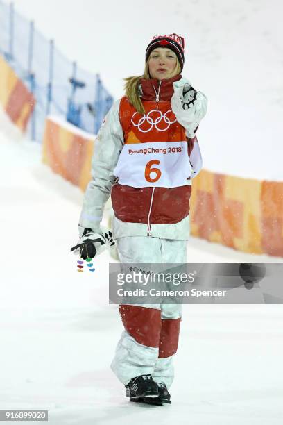 Justine Dufour-Lapointe of Canada celebrates winning silver during the Freestyle Skiing Ladies' Moguls Final on day two of the PyeongChang 2018...