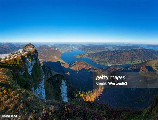 austria, salzkammergut, schafberg, mountain hut, view to mondsee and attersee right - attersee stock-fotos und bilder