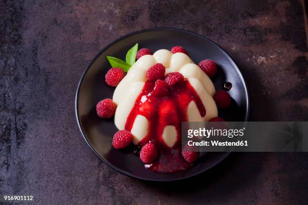 custard with raspberries and raspberry sauce on plate - raspberry coulis stock pictures, royalty-free photos & images