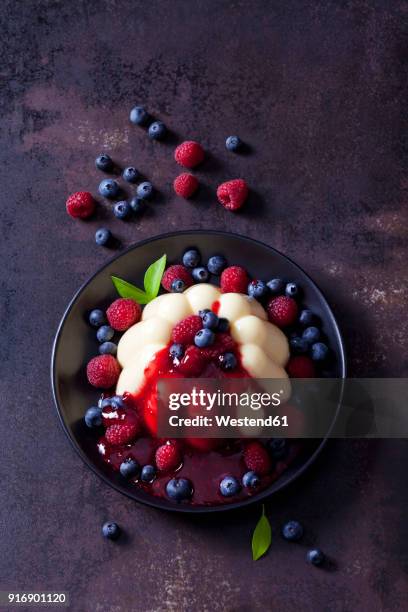 custard with raspberries, blueberries and raspberry sauce on plate - vanillesoße stock-fotos und bilder