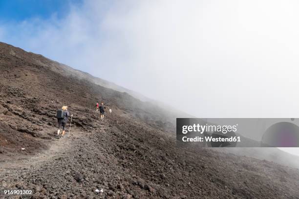 reunion, reunion national park, shield volcano piton de la fournaise, female tourist hiking to crater - shield volcano stock-fotos und bilder