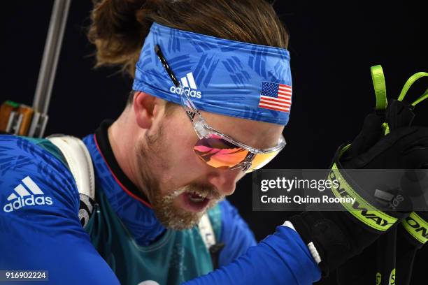 Sean Doherty of the United States reacts after finishing during the Men's 10km Sprint Biathlon on day two of the PyeongChang 2018 Winter Olympic...