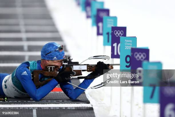 Tim Burke of the United States shoots during the Men's 10km Sprint Biathlon on day two of the PyeongChang 2018 Winter Olympic Games at Alpensia...