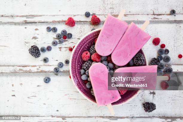 homemade wild-berry ice lollies with raspberries, blueberries, red currants and blackberries in a bowl - homemade icecream stock pictures, royalty-free photos & images