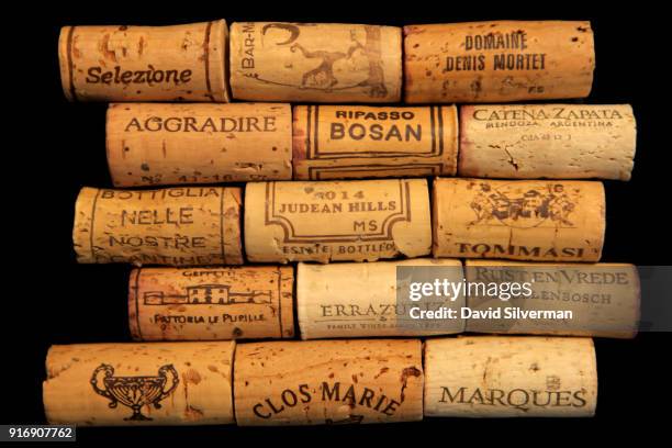 Natural cork wine stoppers, from a selection of wines both from Israel and world-wide, are shown in this photo illustration on February 9, 2018 in...