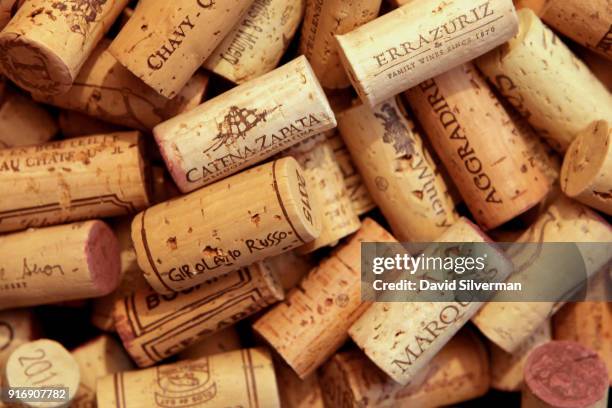 Natural cork wine stoppers, from a selection of wines both from Israel and world-wide, are shown in this photo illustration on February 9, 2018 in...