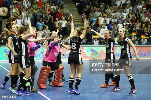 Team of Germany celebrate after the Women Gold Medal Indoor Hockey World Cup Berlin Final Day match between Germany and Netherlands on February 11,...