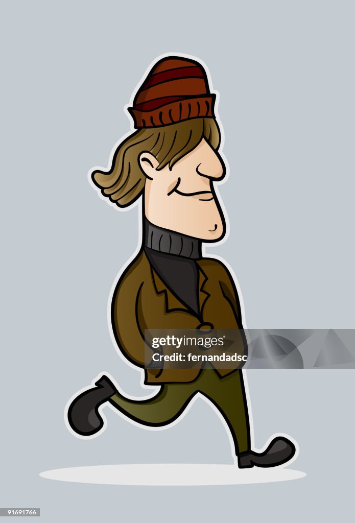 Walking man, warm clothes.