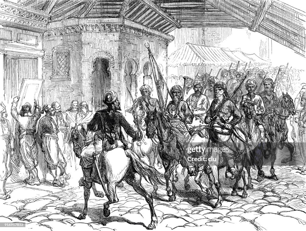 Soldiers ride through the bazaar in Plowdiw, Bulgaria