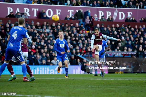 Conor Hourihane of Aston Villa scores the second goal of the game during the Sky Bet Championship match between Aston Villa and Birmingham City at...