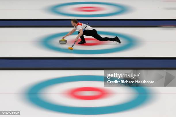 Magnus Nedregotten and Kristin Skaslien of Norway in action against Dexin Ba and Rui Wang of China during the Curling Mixed Doubles Tie-breaker on...