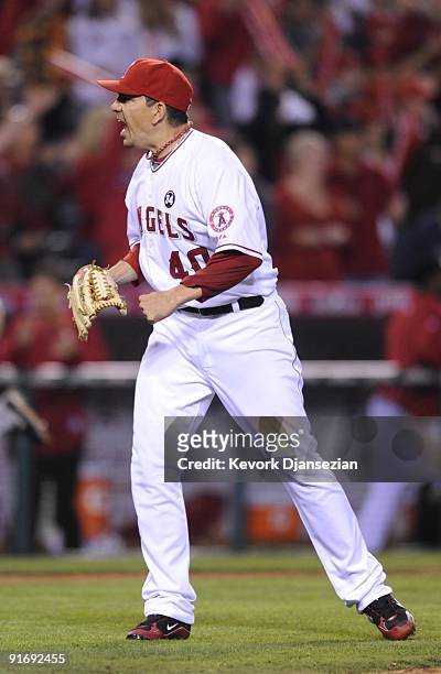 Pitcher Brian Fuentes of the Los Angeles Angels of Anaheim celebrates the last out to win Game Two of the ALDS during the MLB playoffs 4-1 over the...