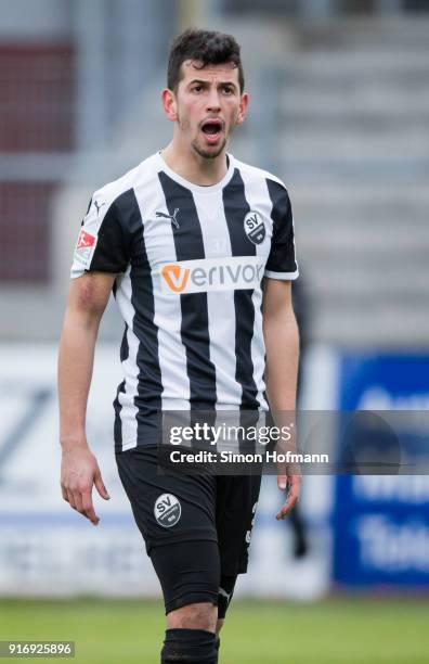 Julian-Maurice Derstroff of Sandhausen reacts during the Second Bundesliga match between SV Sandhausen and Eintracht Braunschweig at BWT-Stadion am...