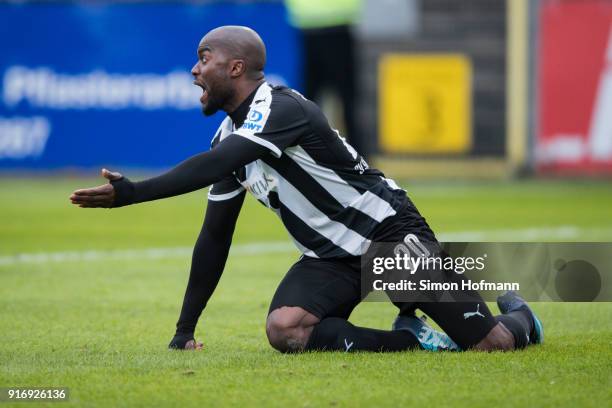 Jose Pierre Vunguidica of Sandhausen reacts during the Second Bundesliga match between SV Sandhausen and Eintracht Braunschweig at BWT-Stadion am...