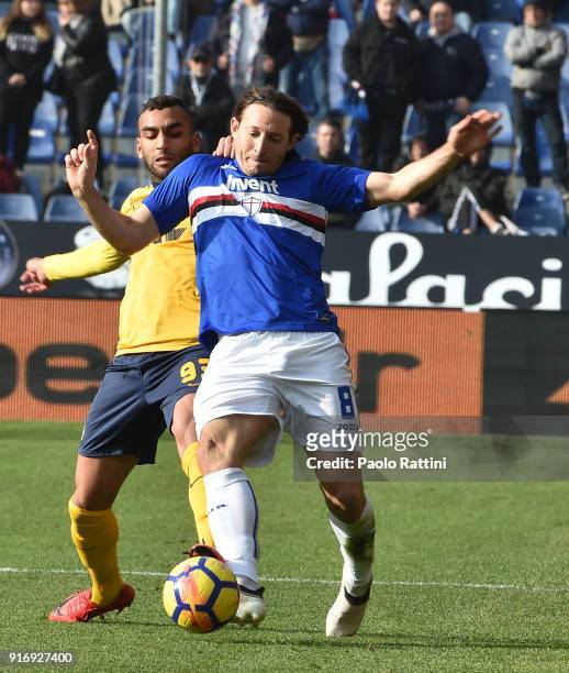 Edgar Barreto of Sampdoria withheld by Mohamed Fares of Verona Hellas during the serie A match between UC Sampdoria and Hellas Verona FC at Stadio...