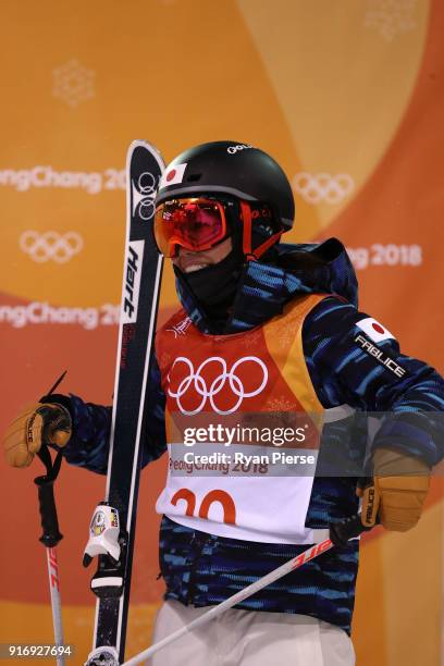 Arisa Murata of Japan reacts after her run during the Freestyle Skiing Womens Moguls Final on day two of the PyeongChang 2018 Winter Olympic Games at...