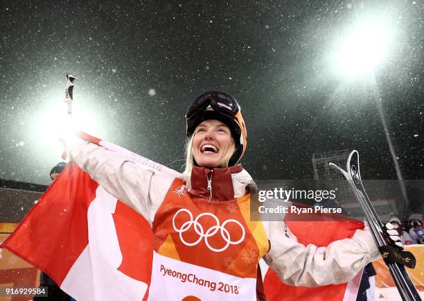 Silver medalist Justine Dufour-Lapointe of Canada celebrates during the victory ceremony for the Freestyle Skiing Ladies' Moguls Final on day two of...