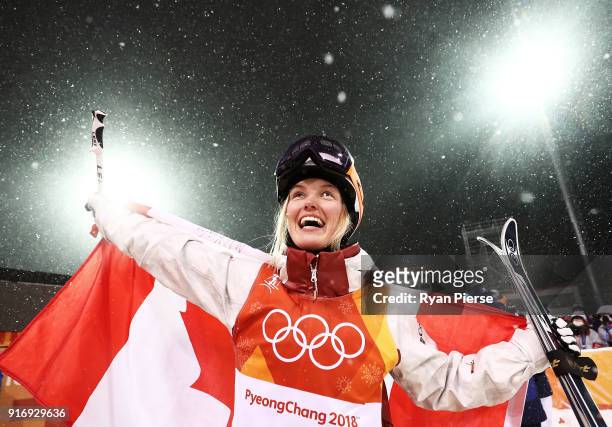 Silver medalist Justine Dufour-Lapointe of Canada celebrates during the victory ceremony for the Freestyle Skiing Ladies' Moguls Final on day two of...