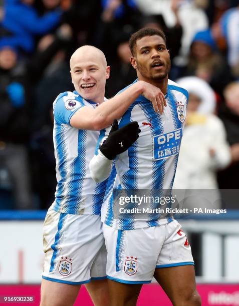 Huddersfield Town's Steve Mounie celebrates his sides third goal of the game during the Premier League match at the John Smith's Stadium,...