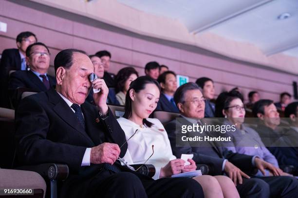 In this handout image provided by the South Korean Presidential Blue House, North Korea's nominal head of state Kim Yong-Nam weeps while watching a...