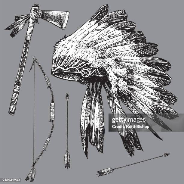 isolated native american ethnicity headdress, bow and arrow, tomahawk - seminole stock illustrations