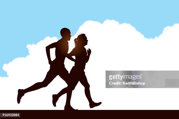 interracial couple jogging background - running in silhouette stock illustrations